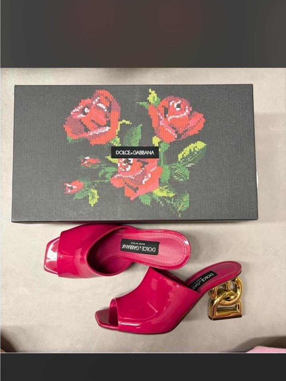 Dolce & Gabbana Hot Pink Patent Slide Mules with Gold Chain Heel